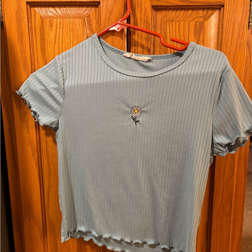 Daisy Embroidered Lettuce Hem Slightly Cropped Blue Tee